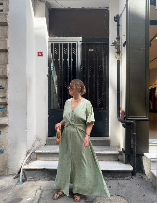 Düğümlü Kısa Kolu Mint Yeşil Elbise