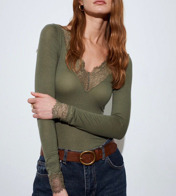 Dantelli Kaşmir Haki Bluz