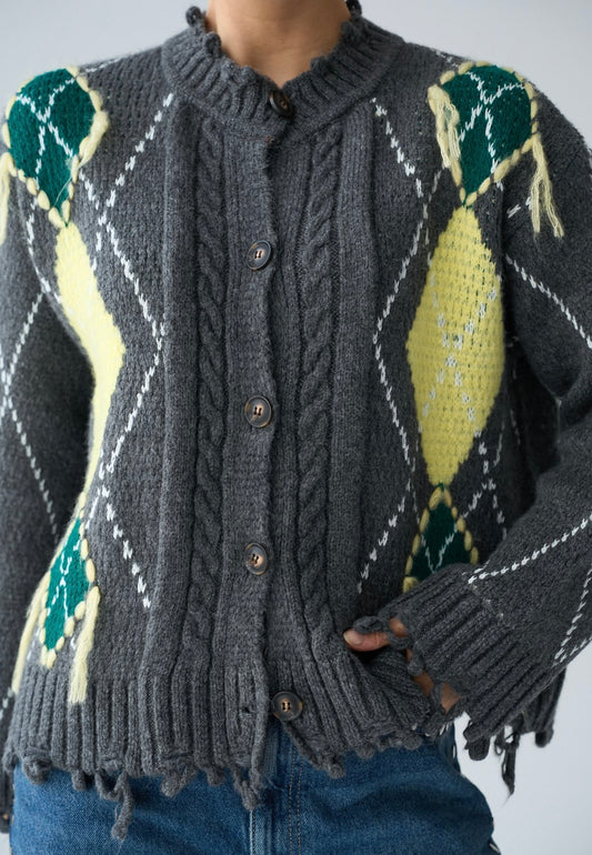 Gri Baklava Desenli Hırka