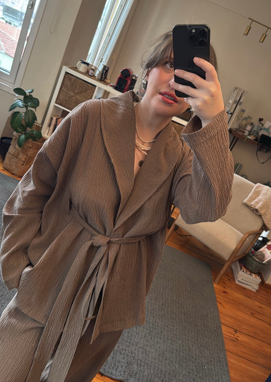 Gofre Kumaş Kahve Kimono
