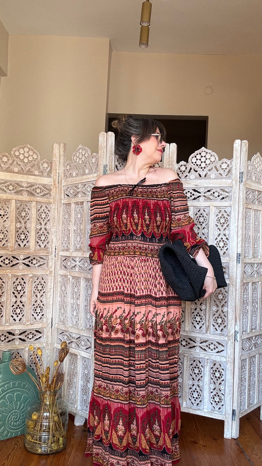 İthal Kırışık Görünümlü Desenli Elbise