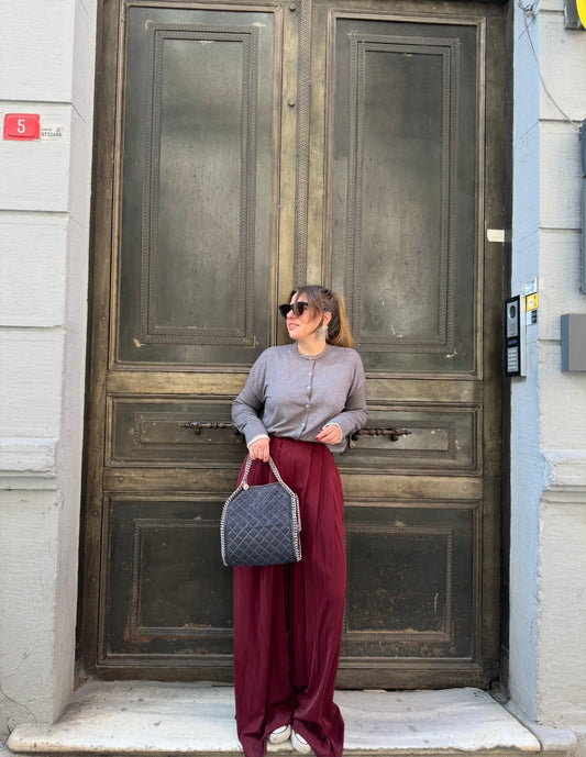 Önden Pileli Bordo Palazzo Pantolon