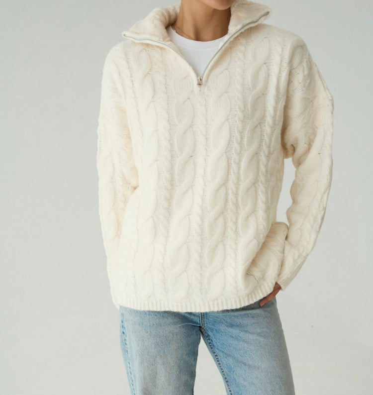 Krem Fermuarlı Dokulu Kazak