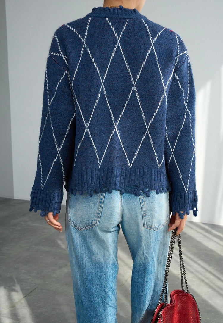 Koyu İndigo Baklava Desenli Hırka