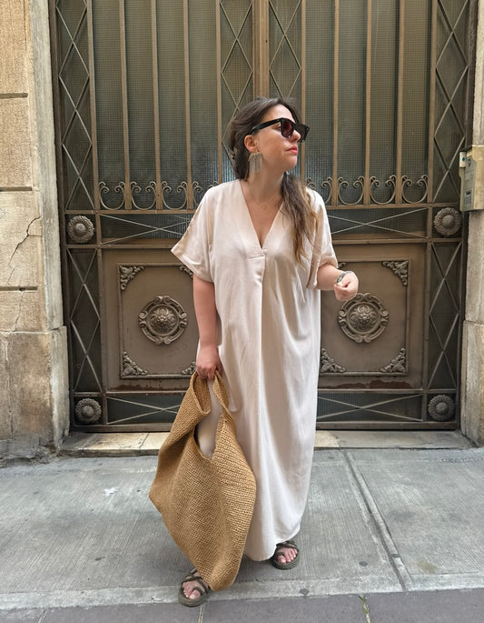 Krem Keten Kaftan Elbise