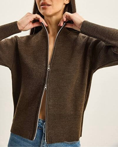 Kahve Melanj Fermuarlı Hırka