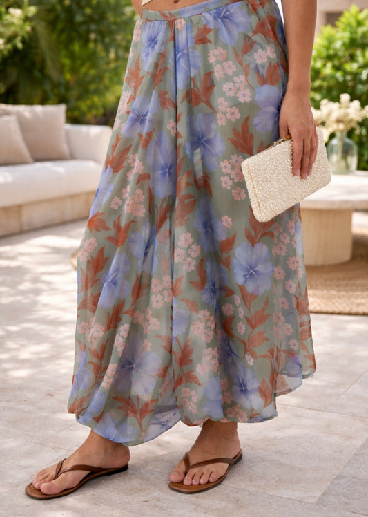 Şifon Desenli Mavi Şalvar Pantolon