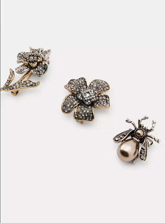 3’lü Çiçek Ve Arı Figürlü Taşlı Broş