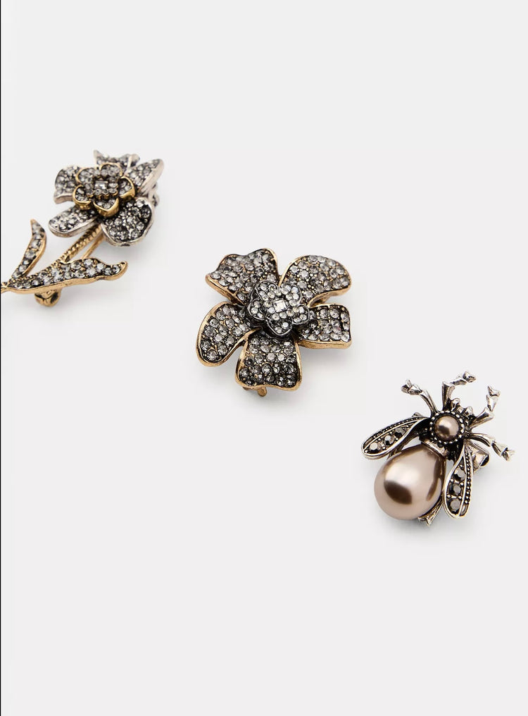 3’lü Çiçek Ve Arı Figürlü Taşlı Broş