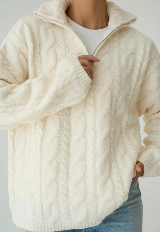 Krem Fermuarlı Dokulu Kazak