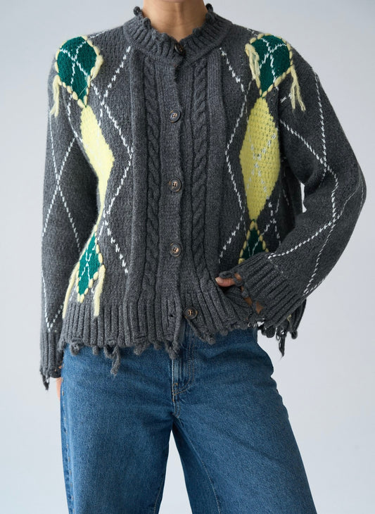 Gri Baklava Desenli Hırka