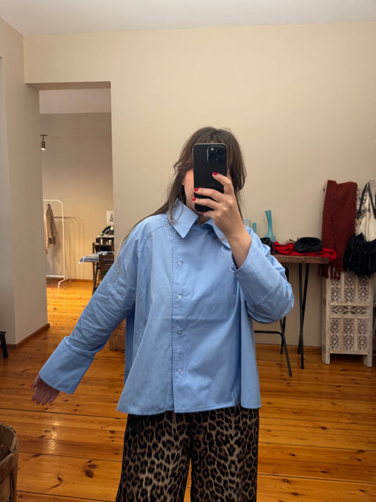 Tasarım Poplin Oversize Mavi Gömlek