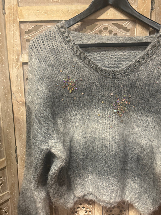 Gri Degrade İthal Taşlı Triko