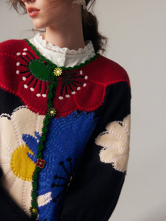 İthal Floral Nakışlı Triko Hırka