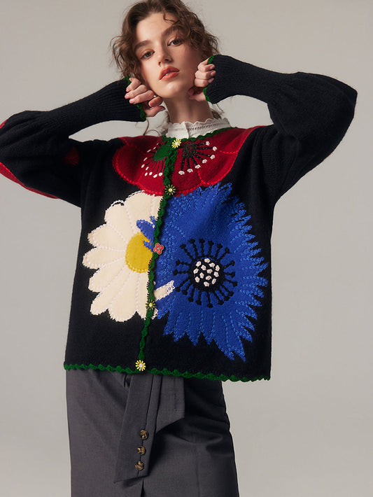 İthal Floral Nakışlı Triko Hırka