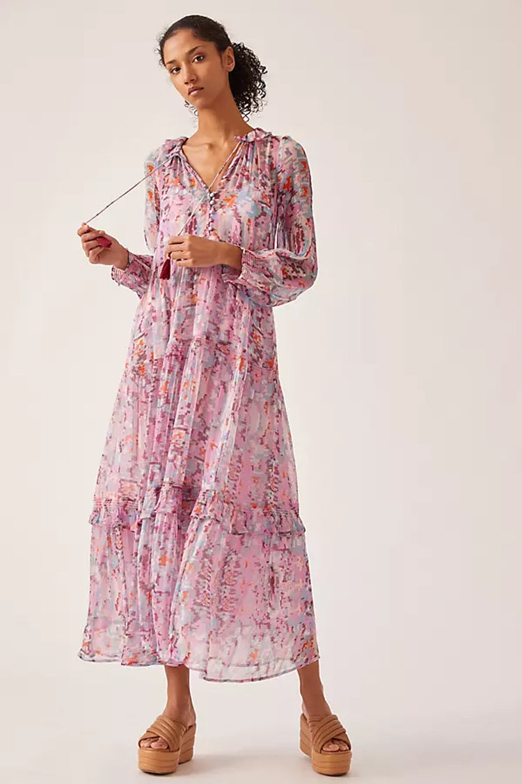 İthal Şifon İçi Astarlı Pembe Maxi Elbise