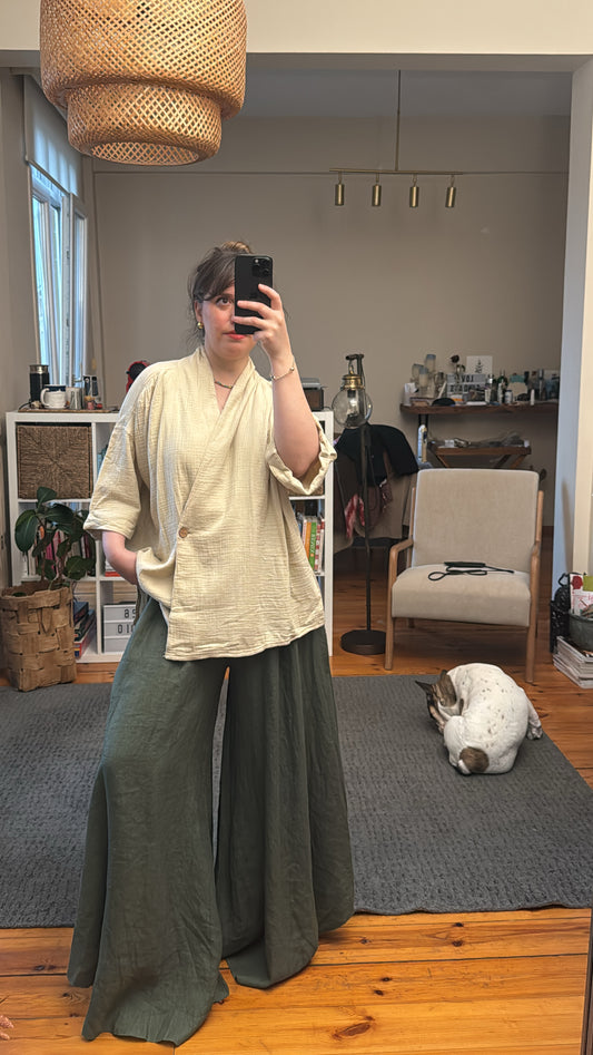 İthal Haki Keten Geniş Paça Pantolon