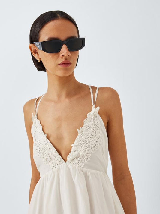 İthal Krem Güpürlü Askılı Elbise