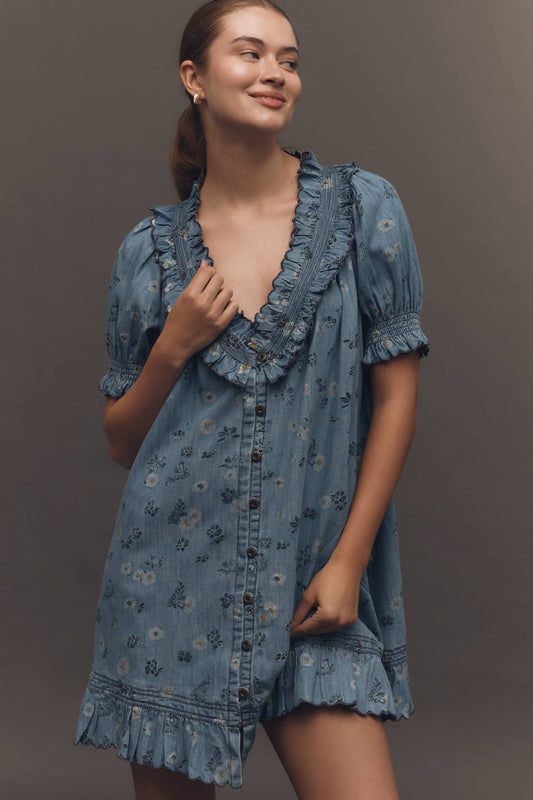 İthal Denim Çiçekli Oversize Gömlek Elbise