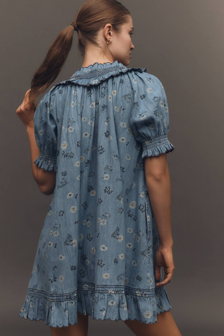 İthal Denim Çiçekli Oversize Gömlek Elbise