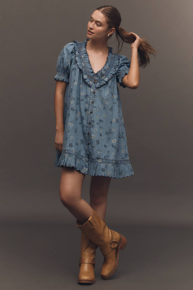 İthal Denim Çiçekli Oversize Gömlek Elbise