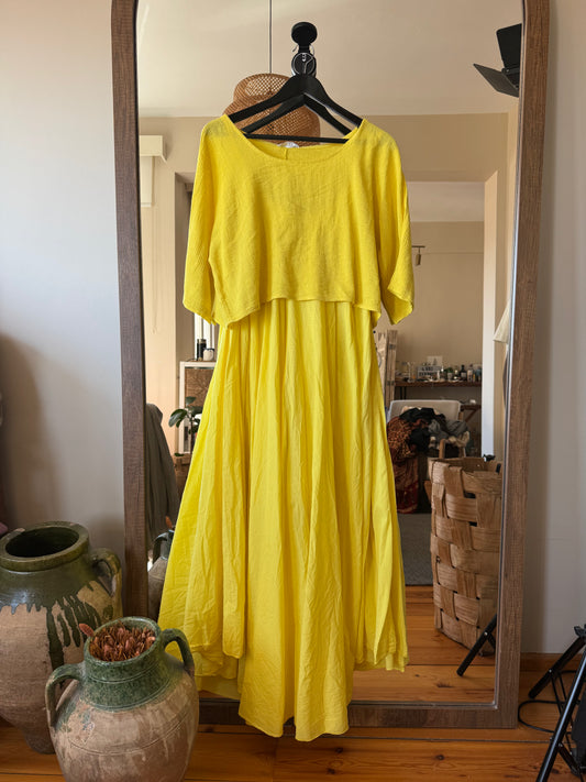 İthal Keten/Koton Sarı Maxi Elbise
