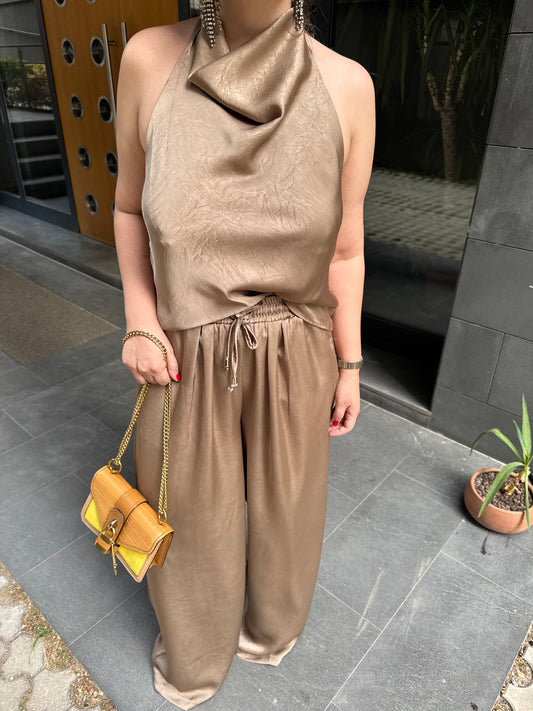 Saten Beli Lastikli Vizon Pantolon